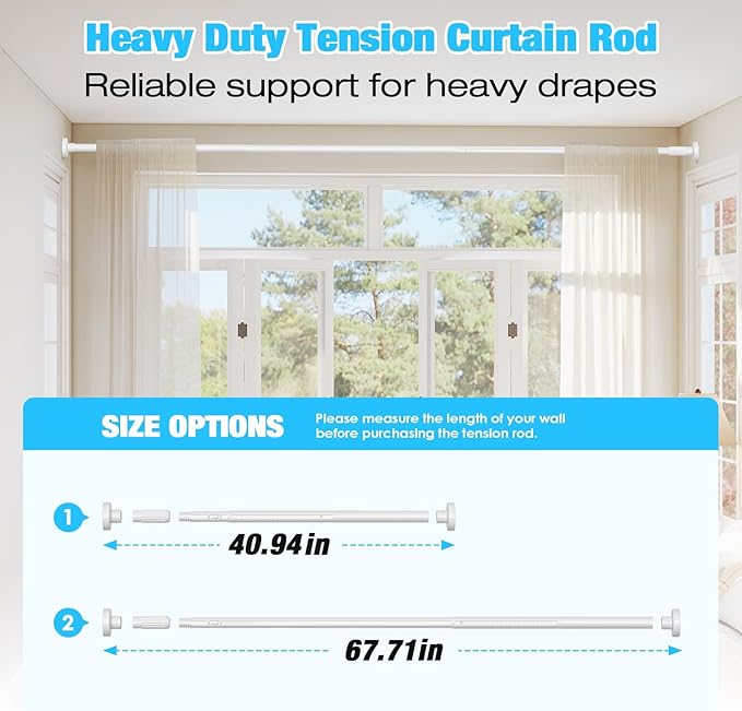 White Tension Curtain Rods 41-67 In Extra Long Outdoor Patio Curtain Rods No Drilling Adjustable Heavy Duty Tension Rods for Windows Bathroom Living Room Curtains, Rod Diameter 1.26In