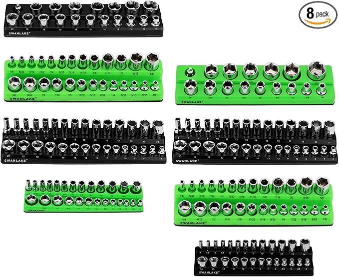 Magnetic Socket Organizer Holder Tool: 8PCS Set includes 2PCS 1/4", 4PCS 3/8", 2PCS 1/2" Drive Socket Storage Trays Toolboxs, Holding 199 Slots Soft Rubber Covering Black Green (sockets not included)