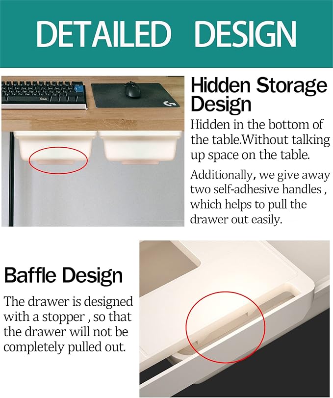 2Pack Under Table Desk Drawer Storage Organizer Slide Out, Hidden Self-Adhesive Under Desktop Pencil Tray Drawer for Office,Classroom,Kitchen(S/white）