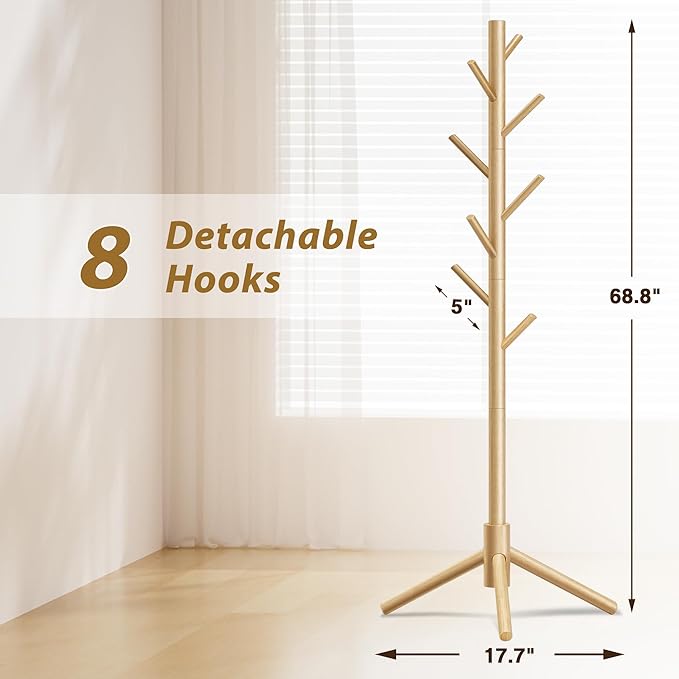 Coat Rack, Coat Racks Freestanding with 8 Hooks 3 Adjustable Heights for Clothes, Hats, Handbags, Coat Tree Easy Assembly for Entryway, Bedroom, Hallway, Office(Nature 2PCS)