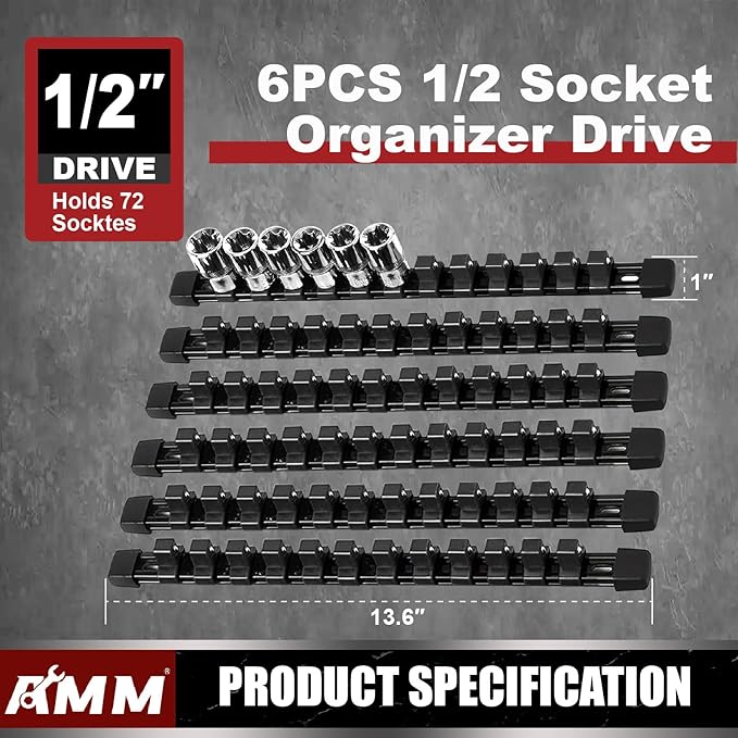 AMM 6-Piece Socket Organizer, 1/2 inch Drive ABS Tools Socket Holder,Heavy Duty Socket Racks, Premium Quality Socket Clip Rail Holder,The best tool trays in the garage