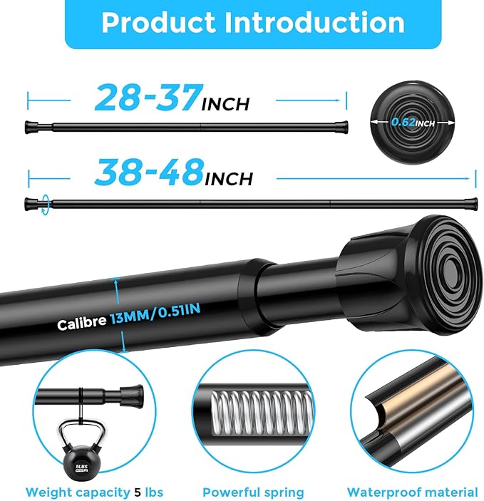 AIZESI 2 Pack Tension Rods for Windows 28 to 48 inch, Adjustable Short Curtain Rods No Drilling Small Tension Rods for Windows Door Kitchen Curtain, Black