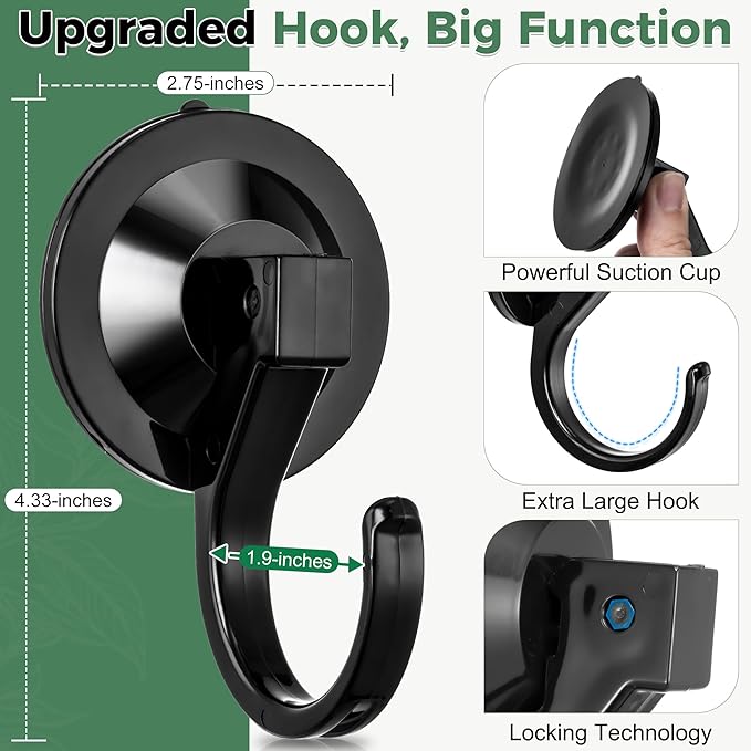 ANDGOO Large Suction Cup Hooks for Door Wreaths, 4 Pack Wreath Hangers for Front Door, Glass, Window, Shower, Upgraded 1.9" Diameter Wreath Holder, No Tools, No Damage, Holds Up to 22 lbs, Black
