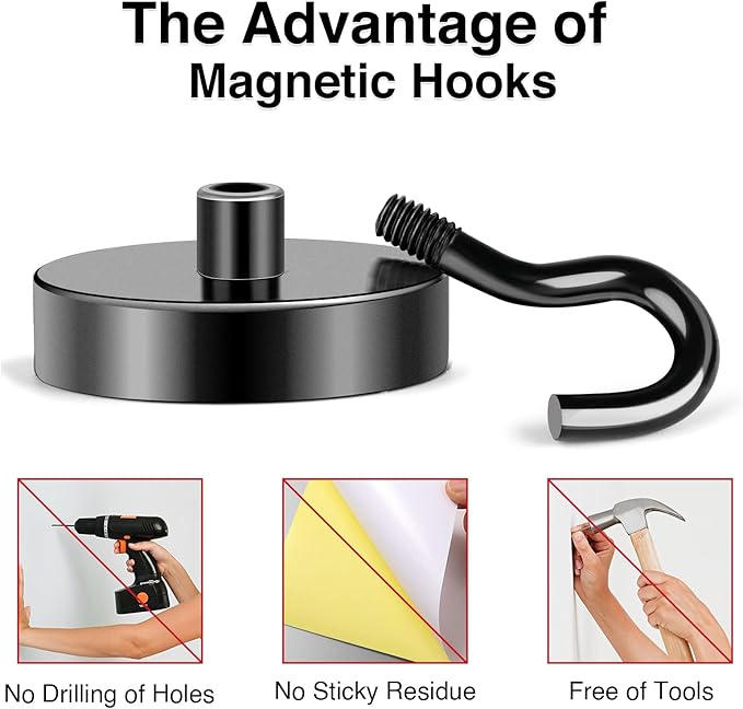 MIKEDE Black Magnetic Hooks 85Lbs Heavy Duty Earth Magnets with Hooks for Cruise Cabin Strong Magnet Hooks for Hanging Super Metal Magnetic Hanger for Grill Fridge Kitchen - Pack of 6
