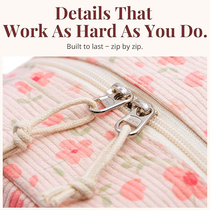 LOVELYWIND Insulated Pink Lunch Bag for Women, Stylish Corduroy Tote with Aluminum Lining, Large Capacity Reusable Cooler for Work, Travel, Beach or Picnic, Pink Floral Water-Resistant Lunch Box