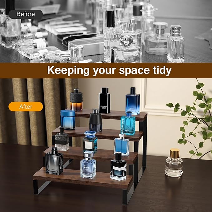 HomePekite Dark Brown Wood Cologne Organizer for Men,12 Inch Cologne Stand Waterproof Perfume Organizer for Dresser with Anti-Slip Washers,Wooden Display Risers Stand