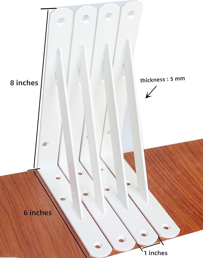 4 Pack L8 x H 6" White Heavy Duty Shelf Brackets with Screws Metal Shelf Brackets Shelf Support Angle Brackets for Shelves L Brackets Heavy Duty Floating Shelf