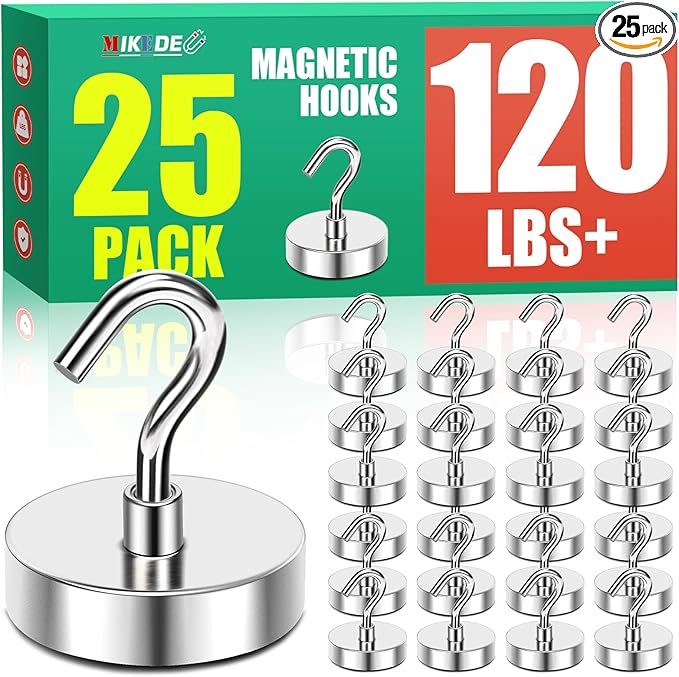 MIKEDE Magnetic Hooks 120Lbs Heavy Duty Earth Magnets with Hooks for Cruise Cabin Strong Magnet Hooks for Hanging Super Metal Magnetic Hanger for Grill Fridge Kitchen - Pack of 25