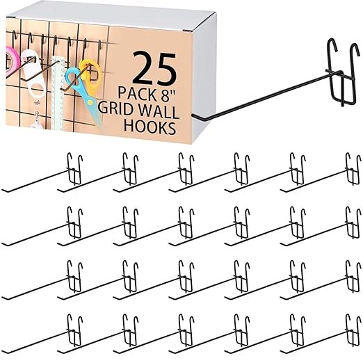 Moxweyeni 8 Inch Grid Wall Hooks 25 Pcs Gridwall Panel Hooks Store Garage Wall Mount Organizers Storage Grid Display Hangers for Retail, Craft Show, Home Setup, Customized Display(Black)