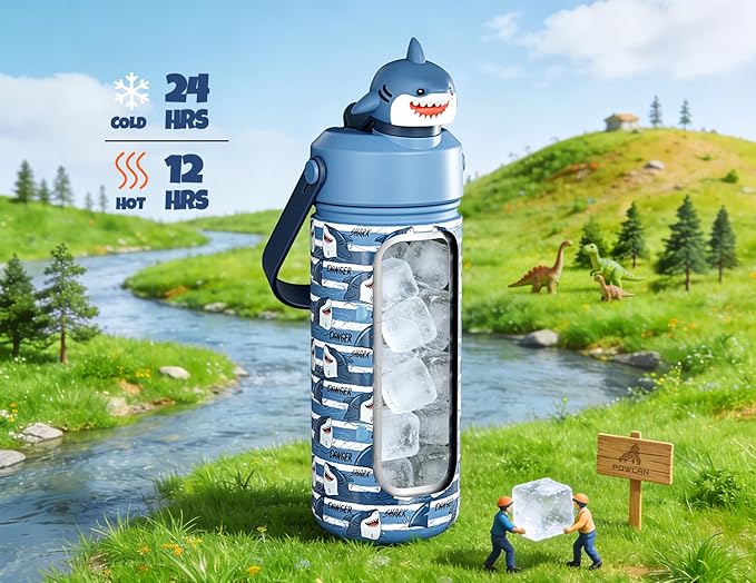 POWCAN 18 oz Insulated Water Bottle for School: 2-in-1 Straw Spout Lid with Soft Animal Head, Leakproof, BPA-Free, Keep Cold 24H, Easy Carry, Stainless Steel Cup for Kids, Boys, Girls (Baby Shark)