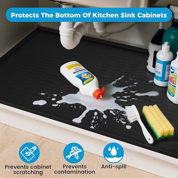 URMONA 31'' x 22'' Waterproof Silicone Under Sink Mat Cabinet and Counter Protector, Shelf Liner for Kitchen and Bathroom, Storage and Organizers, Litter Mat, Pet Cat Puppy Essentials(Light Khaki)