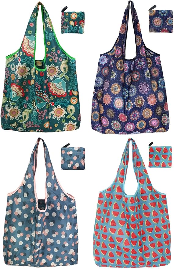 Tote Bag, 4 Pack 50Lbs Reusable Grocery Bags Gift For Women, Bulk Foldable Shopping Totes With Handles, Stylish Large Boho Tote Bags, Portable Market Cloth Storage Bags, Lightweight Heavy Duty