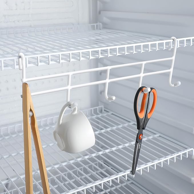 CroBlissful 2 Pcs 5 Hook Attachment for Wire Shelving 1.5 x 12 x 4 Inch Hanging Hooks Rack Wire Chrome Plated Steel Shelf Accessories Metal Hook Bars for Storage Display Organizer (White)