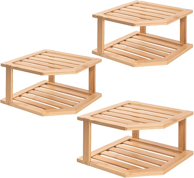 Bamboo Corner Shelf(3 Pack),2 Tier Plate Organizer for Cabinet and Countertop,Pantry Dish and Spice Rack for Kitchen
