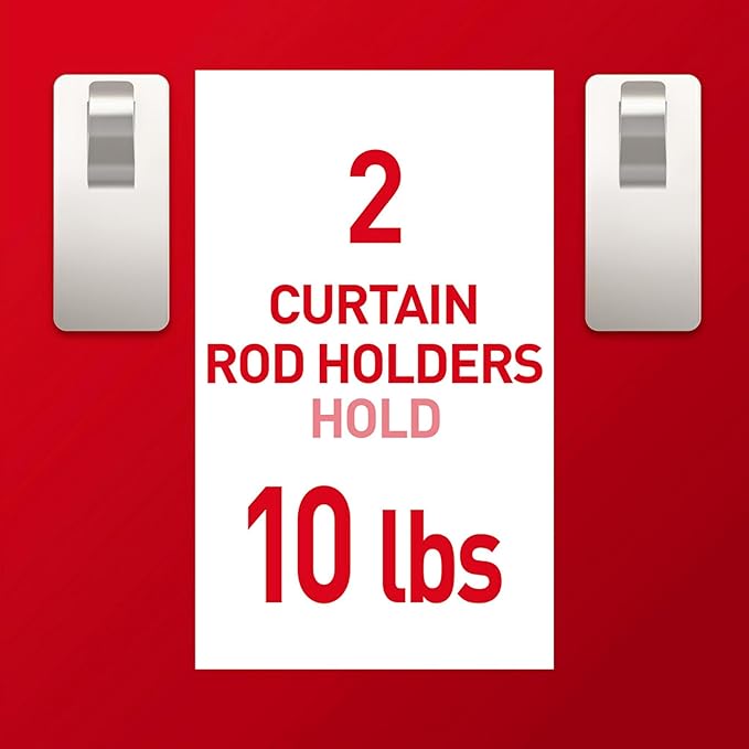 Command 10 lb Satin Nickel Curtain Rod Hooks, 2 Hangers and 4 Strips, No Drilling Home Decor and Room Decor, Use with Rod Diameters 0.5-0.75"
