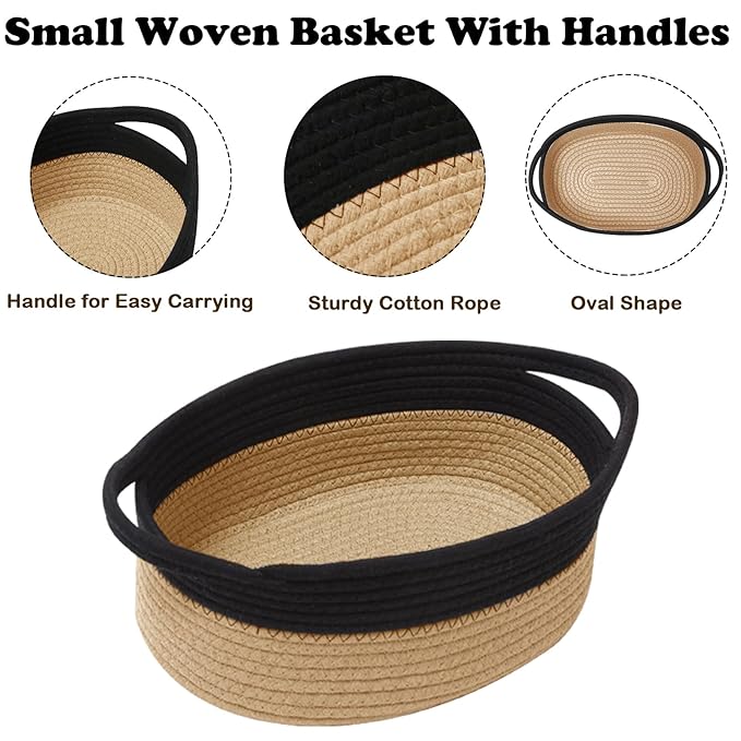 Small Woven Rope Basket-Empty Gifts Basket with Bag and Ribbons,Cute Handle Organizer Box for Birthday/Baby Shower, Toy Storage, Nursery Organizing & Shelf Decor(Black&Jute)