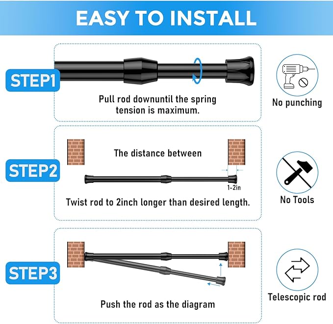 4 Pack Small Tension Rod 12 to 19 Inch Adjustable Tension Curtain Rod Mini Closet Spring Rod No Drilling Short Tension Rods for Windows, Cupboard, Kitchen Cabinets, Black