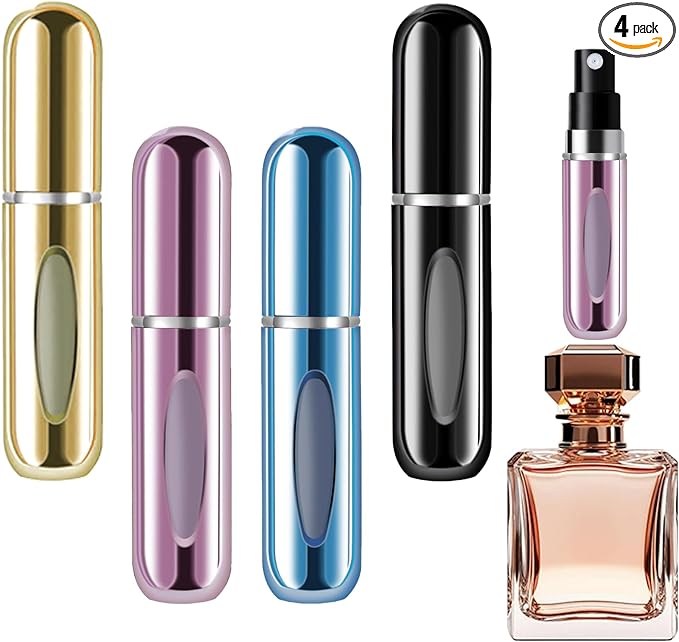 opasyo Refillable Perfume Portable Atomizer Bottle Refillable Perfume Spray, Leak-Proof Perfume Spray Bottle, Travel Perfume for Traveling and Outgoing (5ml, 4 Pack Gold/Pink/Blue/Black)