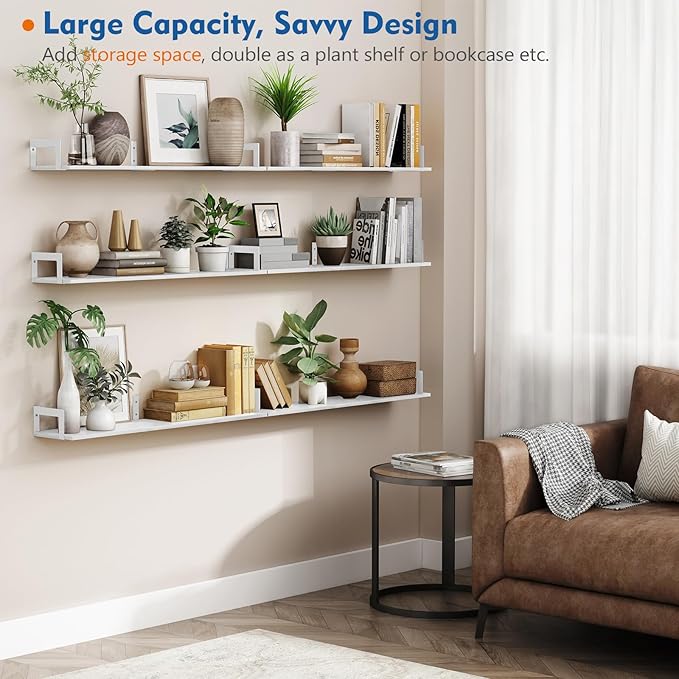 Harwaya White Floating Book Shelves for Wall, 36 Inch Wall Bookshelf for Kids Bedroom, Large Deep Hanging Shelves with Metal Brackets for Living Room Office Décor Indoor Plants (3-Pack)