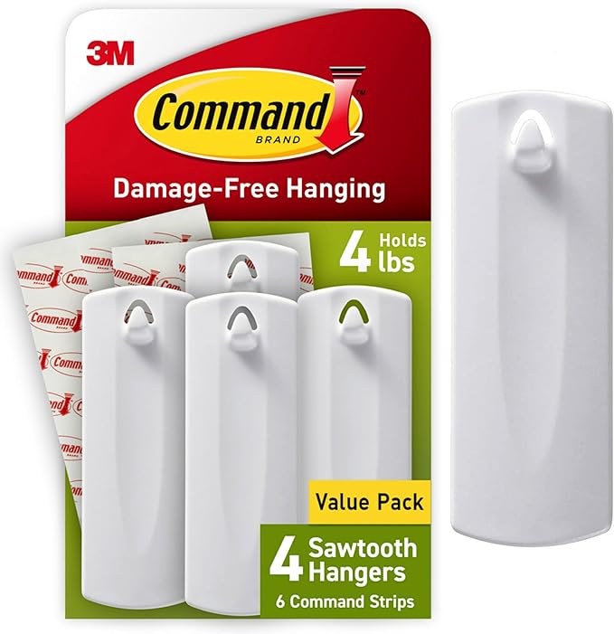 Command Sawtooth Picture Hangers, 4 Frame Hangers and 6 Command Strips, Damage-Free Hanging Sawtooth Frames, No Tools Wall Hook for Home Decor, Holds up to 4 lb