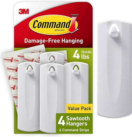 Command Sawtooth Picture Hangers, 4 Frame Hangers and 6 Command Strips, Damage-Free Hanging Sawtooth Frames, No Tools Wall Hook for Home Decor, Holds up to 4 lb
