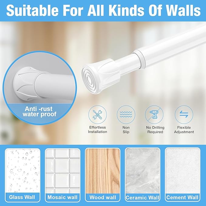 6 Pack White Spring Tension Curtain Rods 28-48 Inches, Spring Loaded Curtain Rods No Drilling, Adjustable Small Tension Rod for Windows Bedroom Bathroom Kitchen Doorway Closet