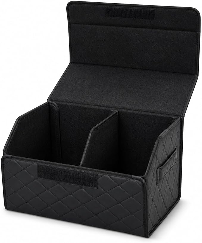 1Pack Leather Trunk Organizer for SUV & Sedans - Extra Large Foldable Car Storage Box with Lid, Adjustable Removable Dividers and Carry Handle, Collapsible Auto Cargo Organizer Black (1)