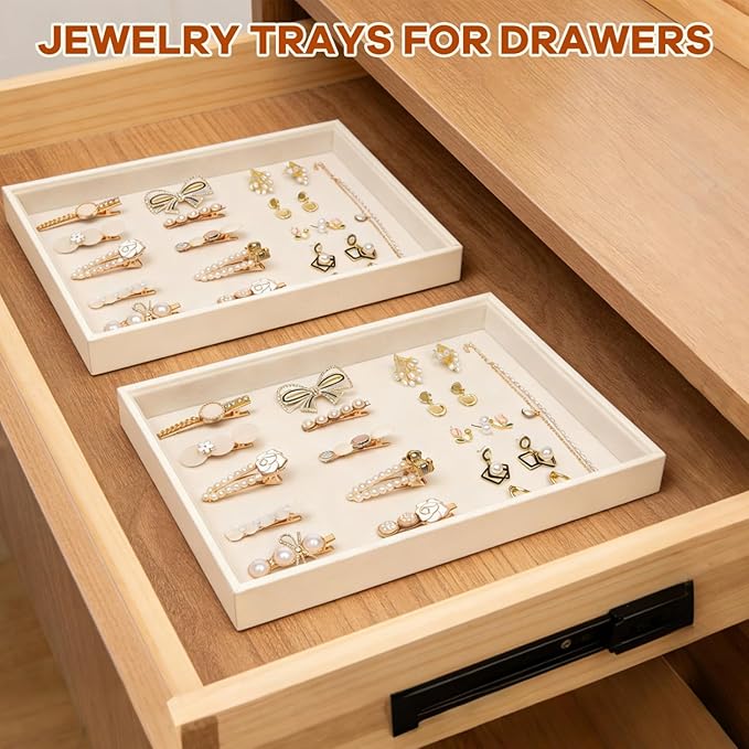 Beige Velvet Jewelry Trays for Drawers Black Jewelrys Display Tray Stackable Jewelry Organizer Trays for Necklace Bracelet Ring Watch (4 Pack)