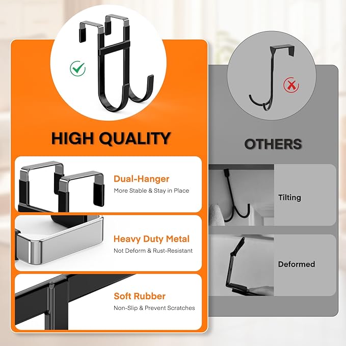 FYY Over The Door Hooks - 4 Pack Heavy Duty Double-Hanger Organizer for Bathroom Bedroom Dorm, Hanging Clothes Towels Hats Bags Ironing Board Wreath Robe - Fits Interior Doors Up to 1 3/8" Black