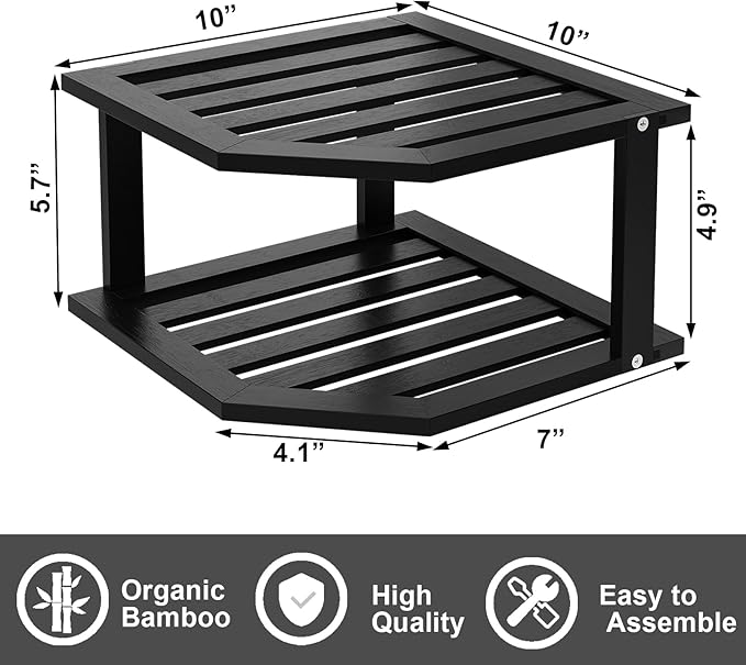 Bamboo Corner Shelf,2 Tier Plate Organizer for Cabinet and Countertop,Pantry Dish and Spice Rack for Kitchen（Black）