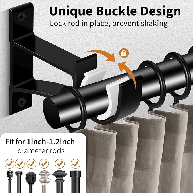 KOLAKO Curtain Rod Bracket, 20 Pack Heavy Duty Holders, Black Rod Hooks for Wall, Support Brackets for 1 Inch Drape Poles