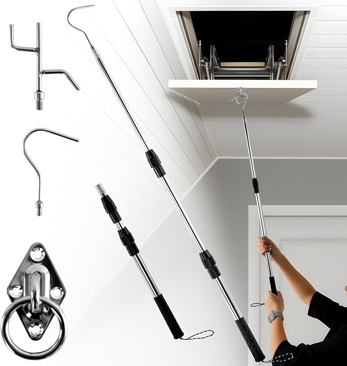 17"-35"Stainless Steel Telescopic Pole with Heavy-Duty Wall Mount Ring & Curved Hook for Attic Stair Pull Down System, Interchangeable Clothes Hook, Easy to Hang Garments, Flower Pots and Bird Feeders