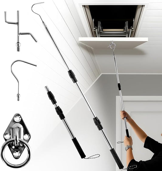17"-35"Stainless Steel Telescopic Pole with Heavy-Duty Wall Mount Ring & Curved Hook for Attic Stair Pull Down System, Interchangeable Clothes Hook, Easy to Hang Garments, Flower Pots and Bird Feeders