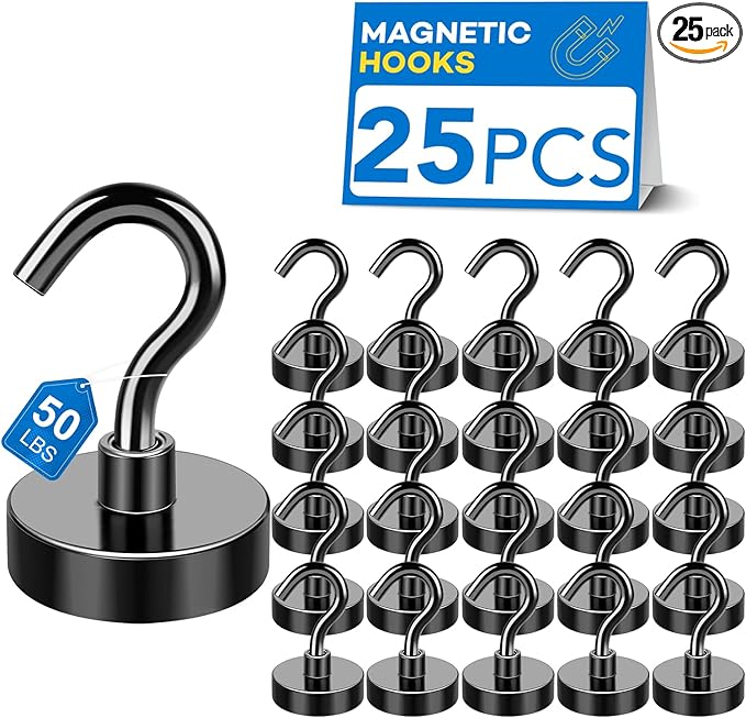 LOVIMAG Magnetic Hooks for Cruise Cabins, 50lbs Black Magnetic Hooks for Classroom, Strong Magnets with Hooks for Hanging, Neodymium Magnet Hooks for Fridge, Ceiling, Locker, Camper, Travel-25 Pcs