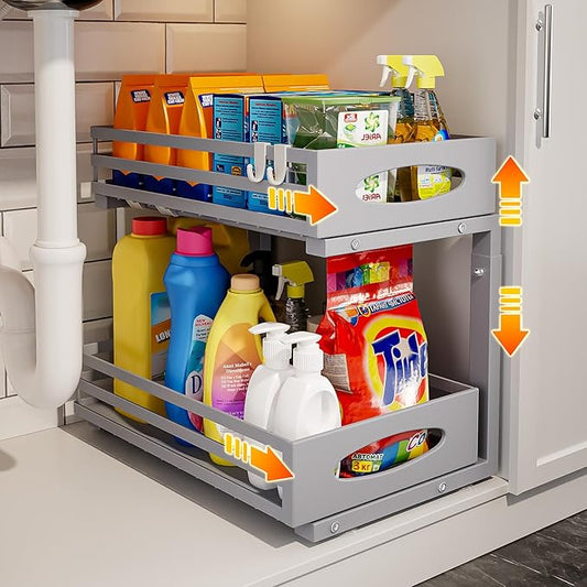Under Sink Organizer, 2 Tier Under Sink Organizers and Storage, Adjustable Height, Slide out Metal Cabinet Organizers, Pull out Cabinet Storage Drawer Shelf for Kitchen Bathroom Gray 1Pack