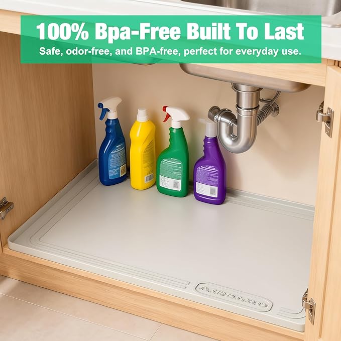 Aisslro Under Sink Mat 34" X 22", Waterproof Silicone Under Sink Mats for Kitchen, Anti-Leak Shelf Liner & Cabinet Protector with Raised Edge, [BPA Free] Bathroom Tray Home Organizer, Beige
