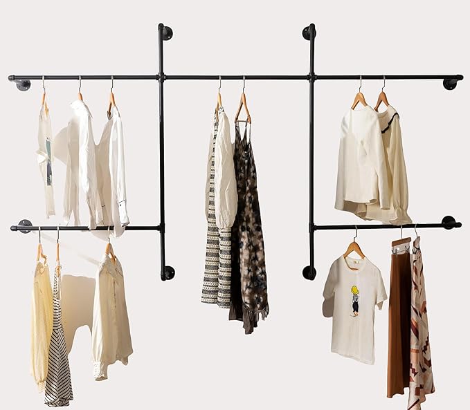 Homeyeeng Industrial Pipe Clothes Rack Wall Mounted Clothing Rack,Heavy Duty Iron Pipe Garment Rods,Detachable Multi-Purpose Clothing Hanging Rod/Garment Bar, Black