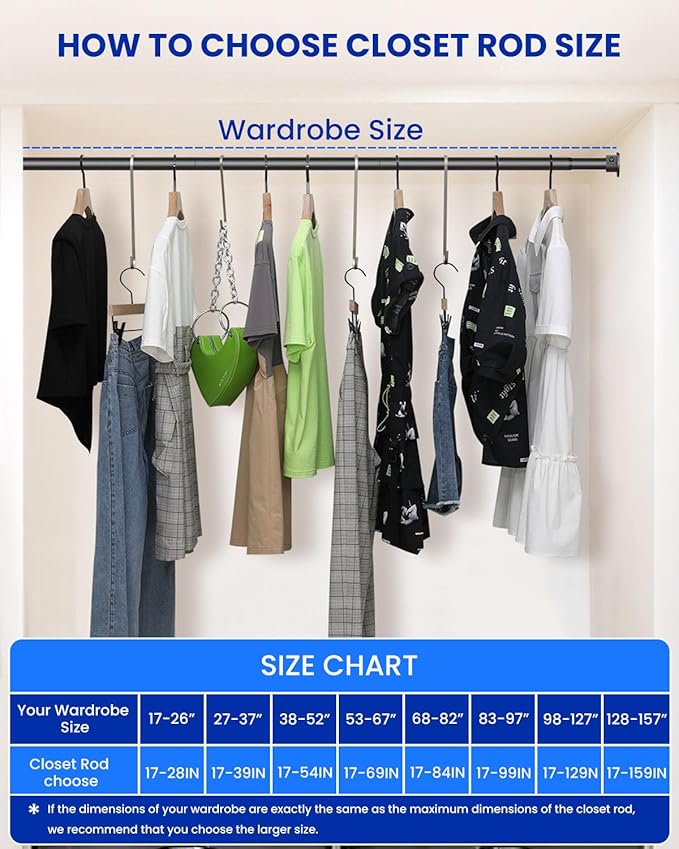 2 PACK Closet Rods for Hanging Clothes, 17 to 84 Inches Stepless Adjustable Metal Closet Rod, 1.3 Inches Heavy Duty Clothes Hanging Rod for Closet Wardrobes Laundry RV, Black