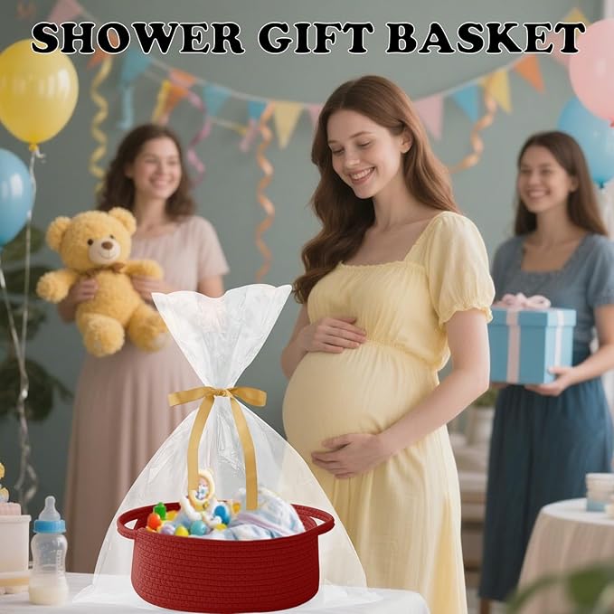 Small Woven Rope Basket-Empty Gifts Basket with Bag and Ribbons,Cute Handle Organizer Box for Birthday/Baby Shower, Toy Storage, Nursery Organizing & Shelf Decor(Red)