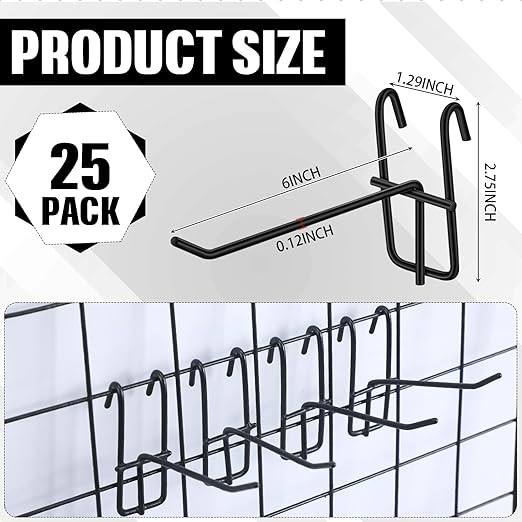 Moxweyeni 6 Inch Grid Wall Hooks 25 Pcs Gridwall Panel Hooks Store Garage Wall Mount Organizers Storage Grid Display Hangers for Retail, Craft Show, Home Setup, Customized Display (Black)