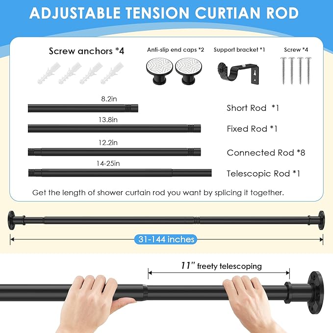 Outdoor Curtain Rod 31-144 inch Adjustable Long Spring Black ShowerTension Curtain Rod Extra Long Outdoor Rods for Patio Bathroom Windows No Drilling, No Rust