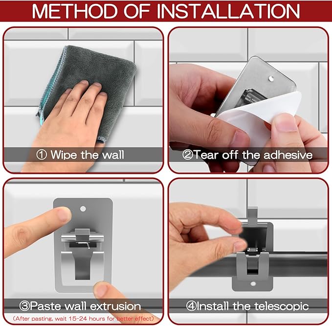 CIEMGNZOC 4PCS No Drill Curtain Brackets, Self-Adhesive Rods, Nail Free Adjustable Holders, Hooks for Rods Under 1.57 Inch (Silver)