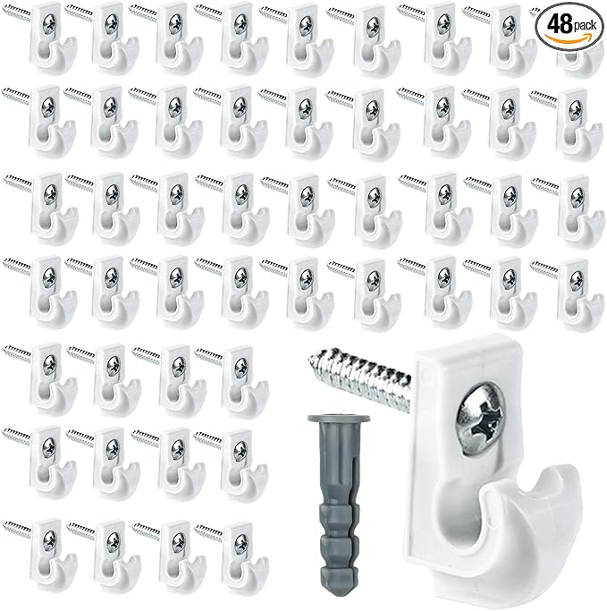 48 Pack White Down Wall Clip Closet Shelves Clips Wire Shelf Loop Clips Plastic Heavy Duty Wire Shelf Brackets Included Clips Screws and Expansion Tubes for Wire Closet Shelving