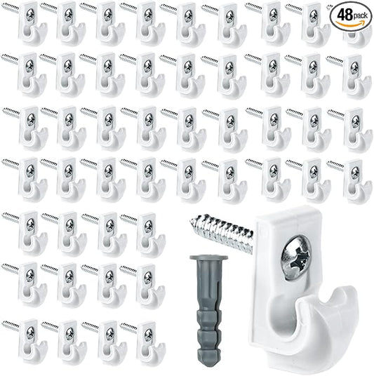 48 Pack White Down Wall Clip Closet Shelves Clips Wire Shelf Loop Clips Plastic Heavy Duty Wire Shelf Brackets Included Clips Screws and Expansion Tubes for Wire Closet Shelving