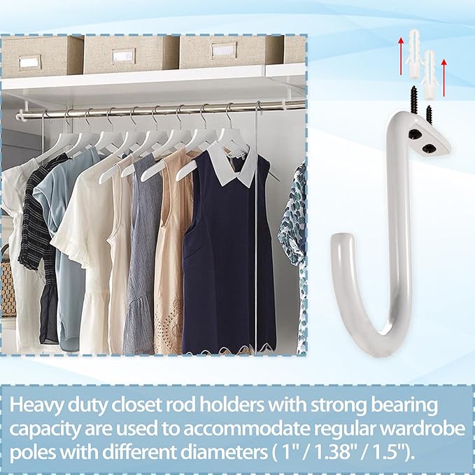 OwnMy 4PCS Closet Rod Center Support 1 Inch to 1.5 Inch Heavy Duty Closet Shelf Rod Brackets, Wall Mount Closet Rod Holders Clothes Storage Hangers