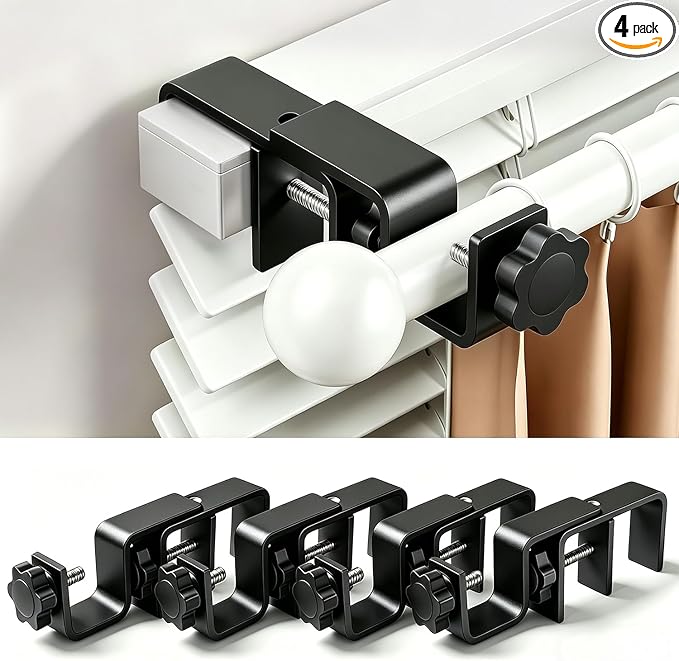 Mimiio No Drill Curtain Rod Brackets for Outside-Mount Blinds, Tool-Free Over-Blind Curtain Rod Holders, Fits 1-2" Rectangular Headrails, No Wall Damage, Renter Friendly Window Hardware, 4 Pack, Black