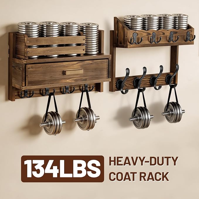 29" Coat Rack Wall Mount with Shelf & Drawer, Heavy Duty Wood Entryway Organizer, Wall Coat Hanger with 12 Metal Hooks, Wall Mounted Coat Rack Key & Mail Holder for Living Room, Bedroom