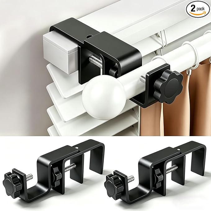 Mimiio No Drill Curtain Rod Brackets for Outside-Mount Blinds, Tool-Free Over-Blind Curtain Rod Holders, Fits 1-2" Rectangular Headrails, No Wall Damage, Renter Friendly Window Hardware, 2 Pack, Black