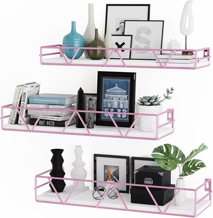 Amaoot Floating Shelves Set of 3, Home Wood Wall Shelf, Farmhouse Shelf for Bedroom, Wall Mounted Floating Shelf for Living Room, Bedroom, Bathroom, Kitchen, Office (Pink)