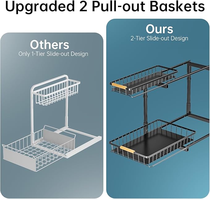 Delamu Under Sink Organizer, Pull Out Cabinet Organizer, Slide Out Under Sink Storage Shelf, Undersink Organizers Shelves for Kitchen Bathroom Pantry